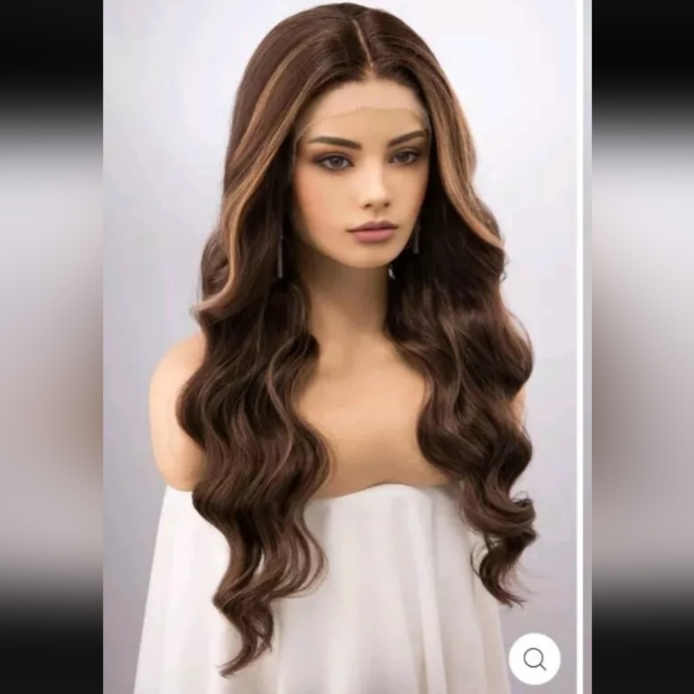 Her Wig Closet MADELINE Brown with Blonde Highlights Wavy Lace Synthetic $94 New